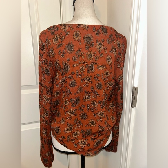 Boho Floral Rust V-Neck Women's long sleeve Top - Picture 3 of 6